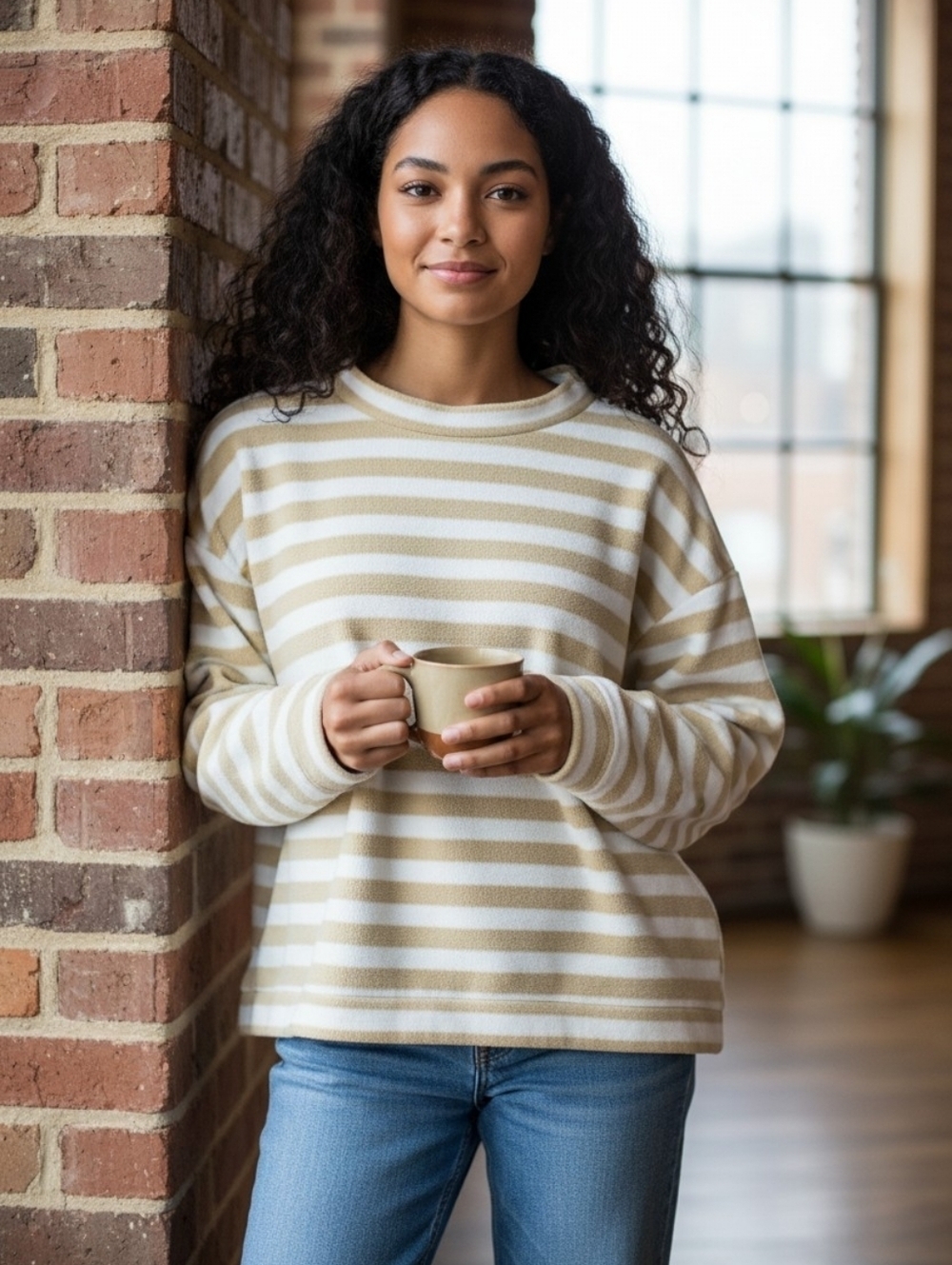 Dudley Stephens Tan And White Stripe Binney Boatneck Fleece Pullover Sweater